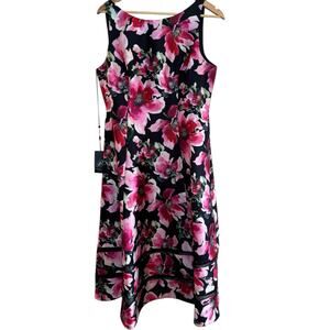 Adrianna Papell Size 12 Black Pink Floral Mikado Midi Dress NWT